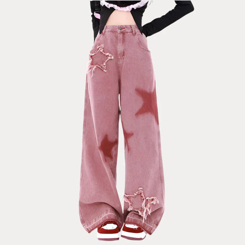 Women's red star printed high-waisted wide leg jeans.